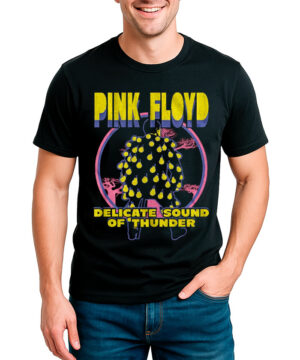 Czarna koszulka męska PINK FLOYD Delicate Sound of Thunder z grafiką postaci w żarówkach i różowym okręgiem na tle.