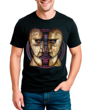 Czarna męska koszulka PINK FLOYD "Division bell vintage" z grafiką dwóch metalicznych twarzy z czerwonymi oczami.