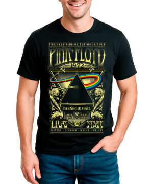 Czarna koszulka PINK FLOYD z nadrukiem "The Dark Side of the Moon", tęczą i detalami koncertu Carnegie Hall, 1972.