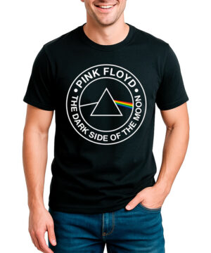 Czarna koszulka męska PINK FLOYD z nadrukiem "The Dark Side of the Moon", pryzmat i tęcza na przodzie.