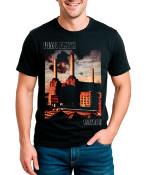 Czarna koszulka męska z nadrukiem PINK FLOYD "Animals" oraz charakterystycznym budynkiem przemysłowym i kominami.