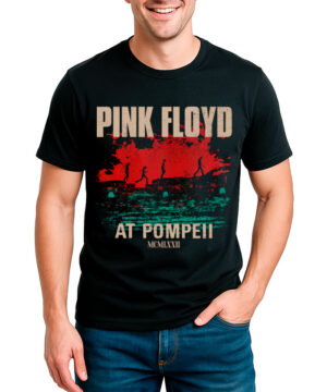 Czarna koszulka męska Pink Floyd At Pompeii z nadrukiem MCMLXXII oraz sylwetkami w czerwonych i zielonych akcentach.