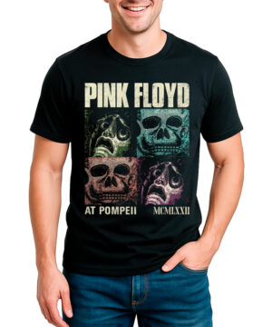 Czarna koszulka PINK FLOYD "At Pompeii mosaics" z nadrukiem kolorowych czaszek i napisem "Pink Floyd At Pompeii MCMLXXII" z przodu.