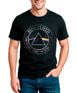 Czarna metalowa tablica Pink Floyd z okładką albumu The Dark Side of the Moon, trzymana przez osobę.