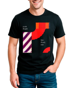 Czarna koszulka PINK FLOYD "The Final Cut" z czerwono-pomarańczowo-fioletową grafiką i napisem, prezentowana na modelu.