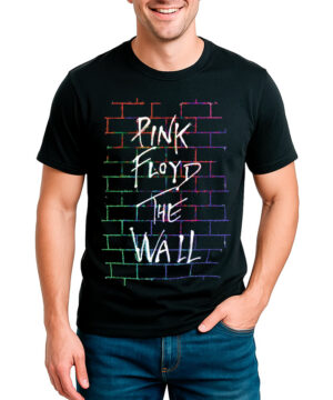 Czarna koszulka PINK FLOYD "The Wall" z kolorowym motywem cegieł i napisem Pink Floyd The Wall na przodzie.