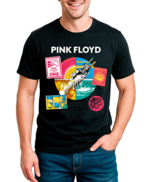 Męska czarna koszulka PINK FLOYD z napisem "Wish you were here", kolorową grafiką i białym logo zespołu.