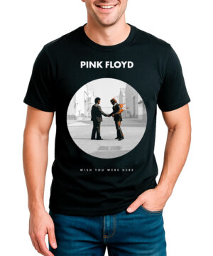 Czarna koszulka męska PINK FLOYD z nadrukiem "Wish You Were Here" - dwóch mężczyzn podających sobie rękę, jeden w ogniu.