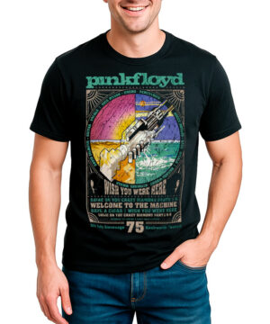 Czarna męska koszulka PINK FLOYD z motywem Wish You Were Here, kolorowy nadruk okładki i lista utworów na przodzie.