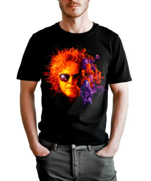 Koszulka męska SIMPLY RED "Blue Eyed Soul" czarna, z kolorowym nadrukiem twarzy i instrumentów muzycznych.