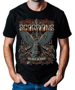 Koszulka Scorpions "Believe in rock" czarna, z nadrukiem gitary ze skrzydłami, różami i ozdobnymi detalami.
