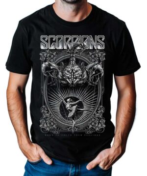 Czarna koszulka męska Scorpions "Born to touch your feelings" z nadrukiem mózgu, skorpionów i baletnicy na froncie.