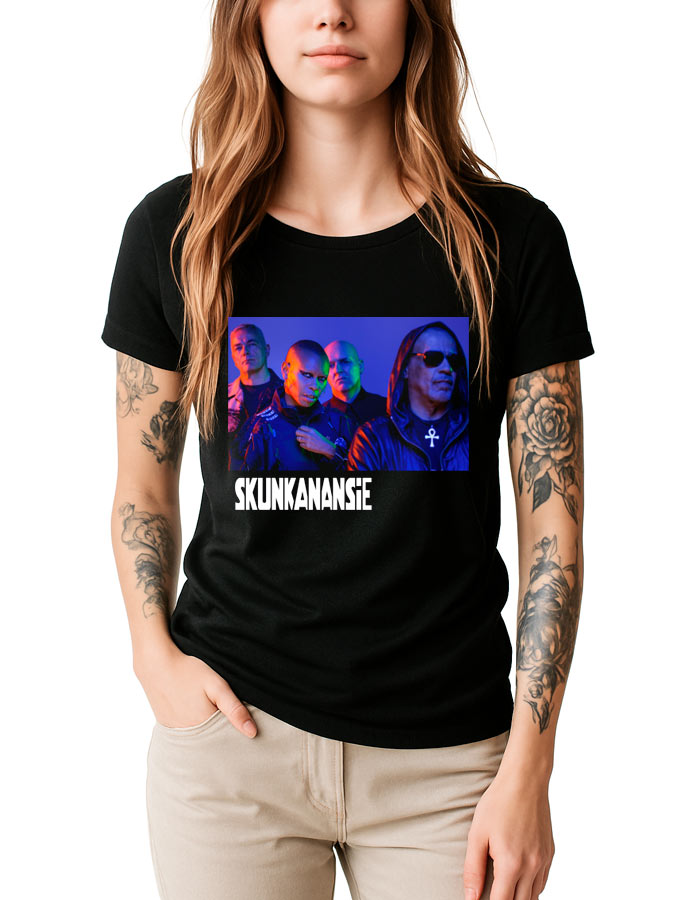 Koszulka damska czarna SKUNK ANANSIE Tour 2026 z kolorowym zdjęciem zespołu i napisem z nazwą pod grafiką.