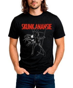 Czarna koszulka SKUNK ANANSIE "Skin" z czerwonym napisem i ilustracją postaci z mikrofonem na statywie.