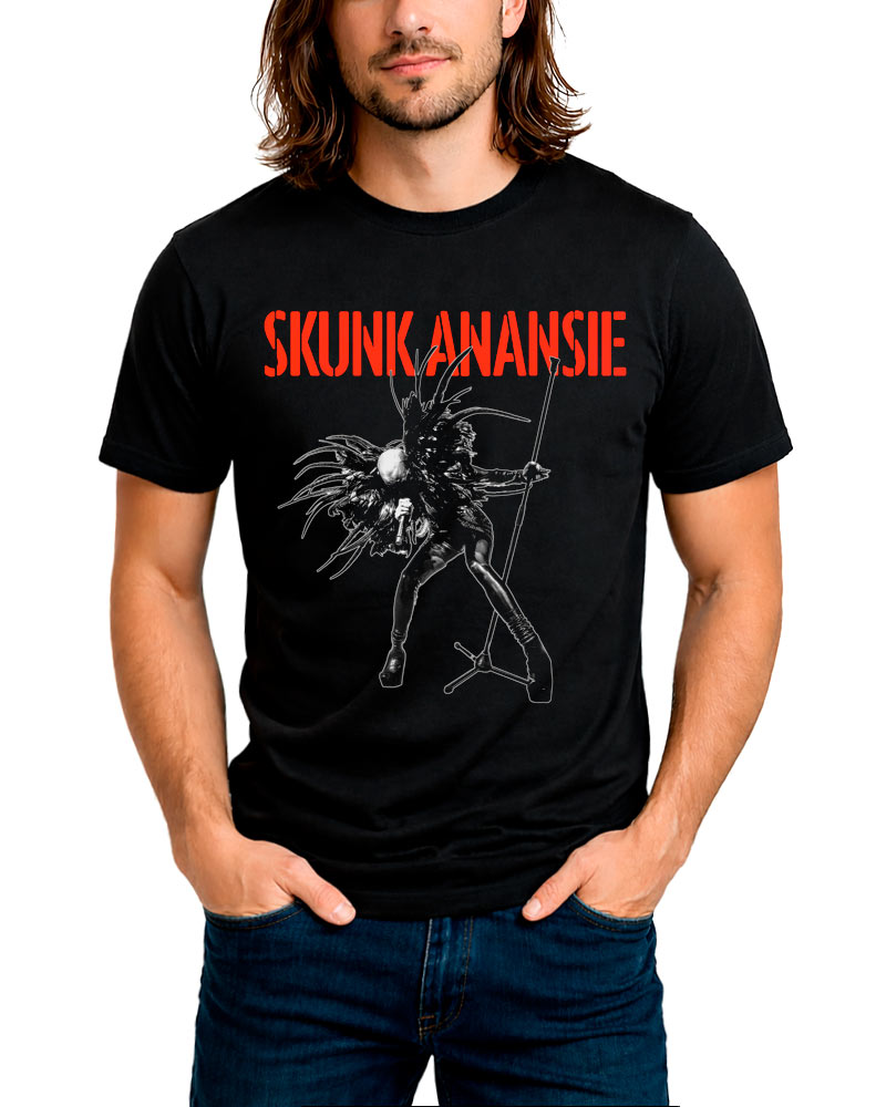 Czarna koszulka SKUNK ANANSIE "Skin" z czerwonym napisem i ilustracją postaci z mikrofonem na statywie.
