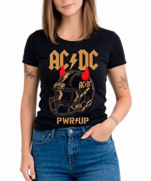 Czarna damska koszulka z nadrukiem ACDC "Are You Ready Football Helmet PWR UP Tour", grafiką kasku piłkarskiego i czerwonymi diabelskimi rogami.