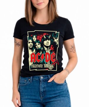 Koszulka ACDC "Highway to Hell cartoon", czarna, noszona przez osobę wraz z niebieskimi dżinsami na białym tle.
