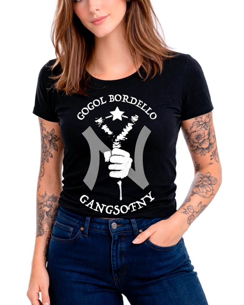 Czarna koszulka GOGOL BORDELLO "Gangs of NY" z nadrukiem dłoni trzymającej kwiat w środku dużego logo NY.