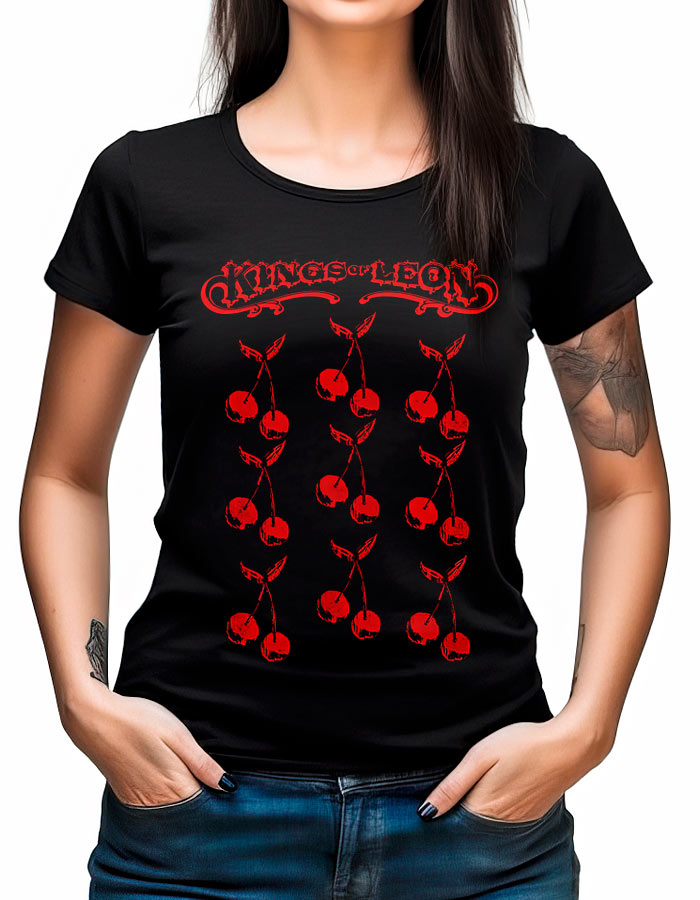 Czarna damska koszulka KINGS OF LEON "Cherries" z czerwonym nadrukiem gitar i logo zespołu stylizowanym liternictwem.