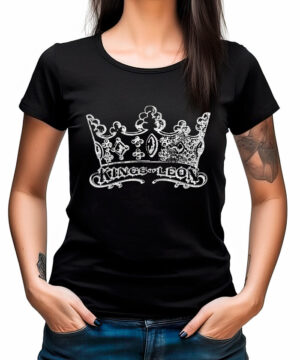 Koszulka damska KINGS OF LEON Crown, czarna z białym ozdobnym nadrukiem korony i napisem Kings of Leon na przodzie.