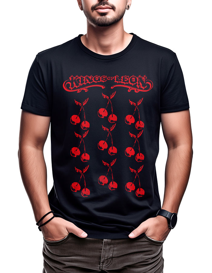 Czarna koszulka KINGS OF LEON "Cherries" z czerwonymi wiśniami ułożonymi w rzędy i kolumny z przodu.
