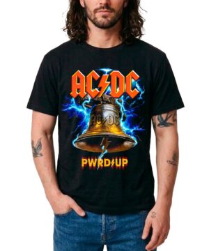 Czarna koszulka ACDC "Hells Bells 2024 Tour" z grafiką dzwonu, błyskawicy oraz czerwono-żółtym napisem na przodzie.