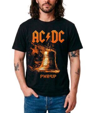 Czarna koszulka ACDC "Hells Bells Lightning PWR UP Tour" z nadrukiem płonącego dzwonu i pomarańczowym logo AC/DC.