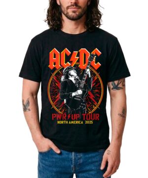 Czarna koszulka ACDC "PWR UP Tour North America" z czerwono-żółtą grafiką gitarzysty z przodu.