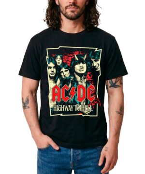 Czarna koszulka męska ACDC z kolorową grafiką z okładki Highway to Hell, motyw zespołu, czerwone, żółte i niebieskie detale.