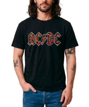 Czarna koszulka męska ACDC "Leopard logo" z wyrazistą grafiką AC/DC, noszona przez mężczyznę z długimi włosami i brodą.