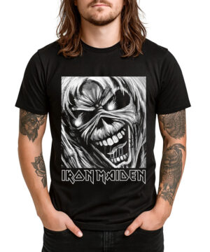 Czarna męska koszulka IRON MAIDEN "Killers Portrait" z monochromatyczną grafiką czaszki i logiem zespołu na froncie.