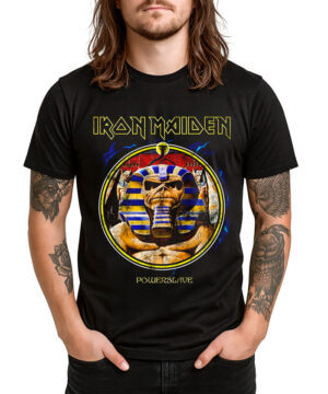 Czarna koszulka męska IRON MAIDEN "Powerslave Mummy Vintage" z egipską grafiką na froncie, idealna dla fanów zespołu.