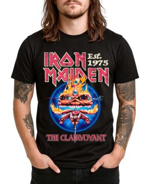 IRON MAIDEN "The Clairvoyant Anniversary" koszulka męska, czarna, z napisem Est. 1975, The Clairvoyant i graficznym nadrukiem.