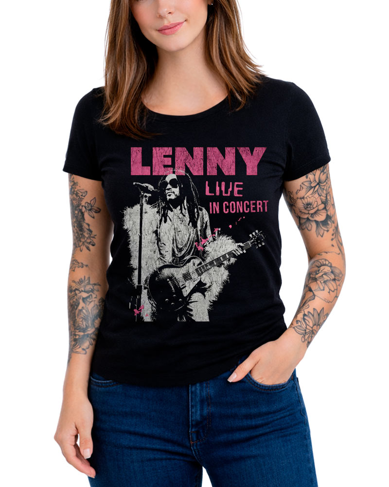 tshirt-muzyczny-czarny-damski-lenny-kravitz-lenny-live Czarna koszulka damska LENNY KRAVITZ "Lenny Live In Concert" z nadrukiem muzyka i napisem na przodzie, idealna dla fanek.