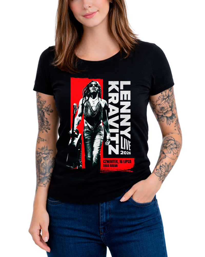 tshirt-muzyczny-czarny-damski-lenny-kravitz-live-2026-ergo-arena Czarna koszulka damska LENNY KRAVITZ LIVE 2026 Ergo Arena z grafiką Lenny'ego Kravitza i datą koncertu 16.07.2026.