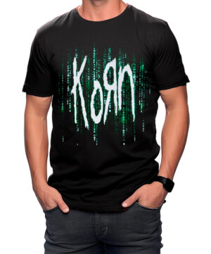 Czarna koszulka męska KORN "Matrix" z białym logo Korn i zielonym wzorem digital rain na przodzie.