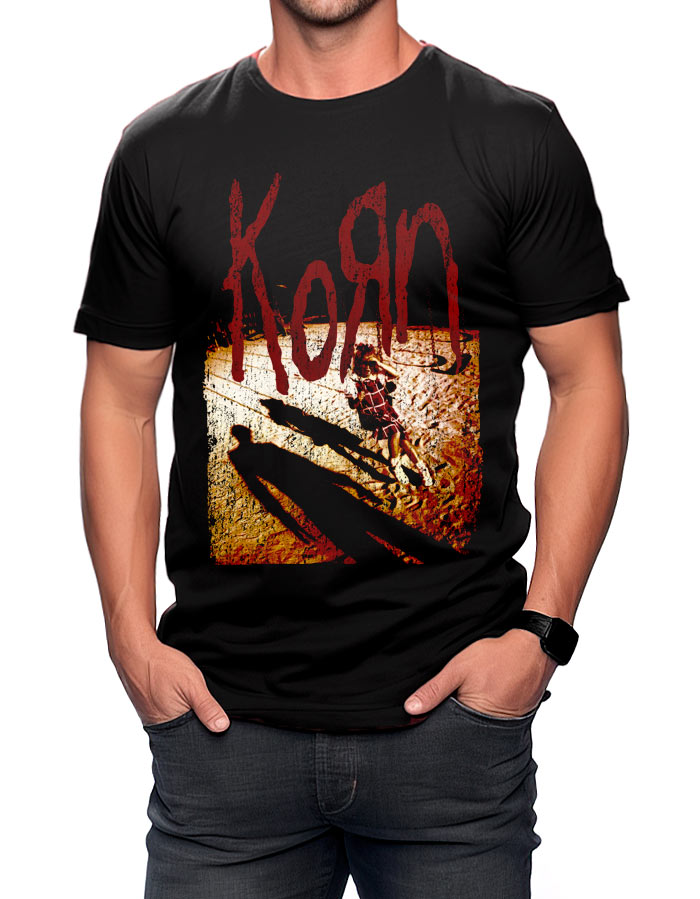 Czarna koszulka męska KORN "Self titled vintage" z logo zespołu, grafiką cienia dziecka i huśtawkami.