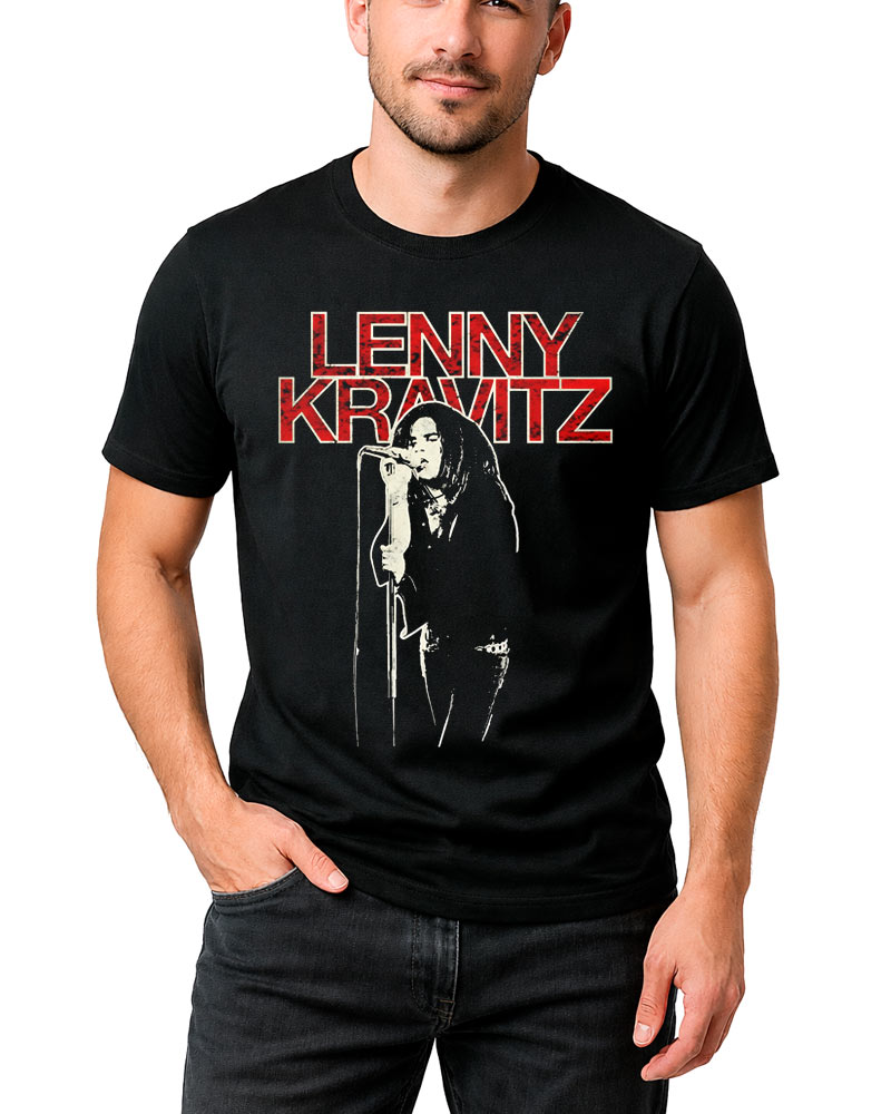 tshirt-muzyczny-czarny-meski-lenny-kravitz-mic-pose LENNY KRAVITZ "Mic pose" koszulka męska, czarna, z czerwono-białym napisem i zdjęciem Lenny'ego Kravitza z mikrofonem.