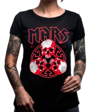 Czarna koszulka THIRTY SECONDS TO MARS "3 Skull" z czerwonym napisem MARS i geometryczną grafiką czaszki.