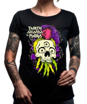 Czarna koszulka THIRTY SECONDS TO MARS "Mohawk Skull" z kolorowym nadrukiem czaszki, błyskawicami i akcentami fioletu, żółci i zieleni.