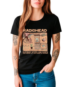 Czarna damska koszulka RADIOHEAD "Gawps" z kolorowymi grafikami i napisem, prezentowana przez osobę z ręką w kieszeni.