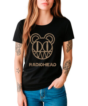 Czarna damska koszulka RADIOHEAD z nadrukowanym logo zespołu w stylu distressed oraz charakterystycznym motywem misia.