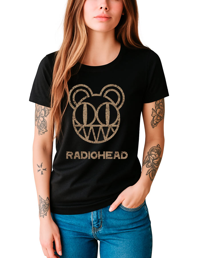 tshirt-muzyczny-damski-czarny-radiohead-logo-distressed Czarna damska koszulka RADIOHEAD z nadrukowanym logo zespołu w stylu distressed oraz charakterystycznym motywem misia.