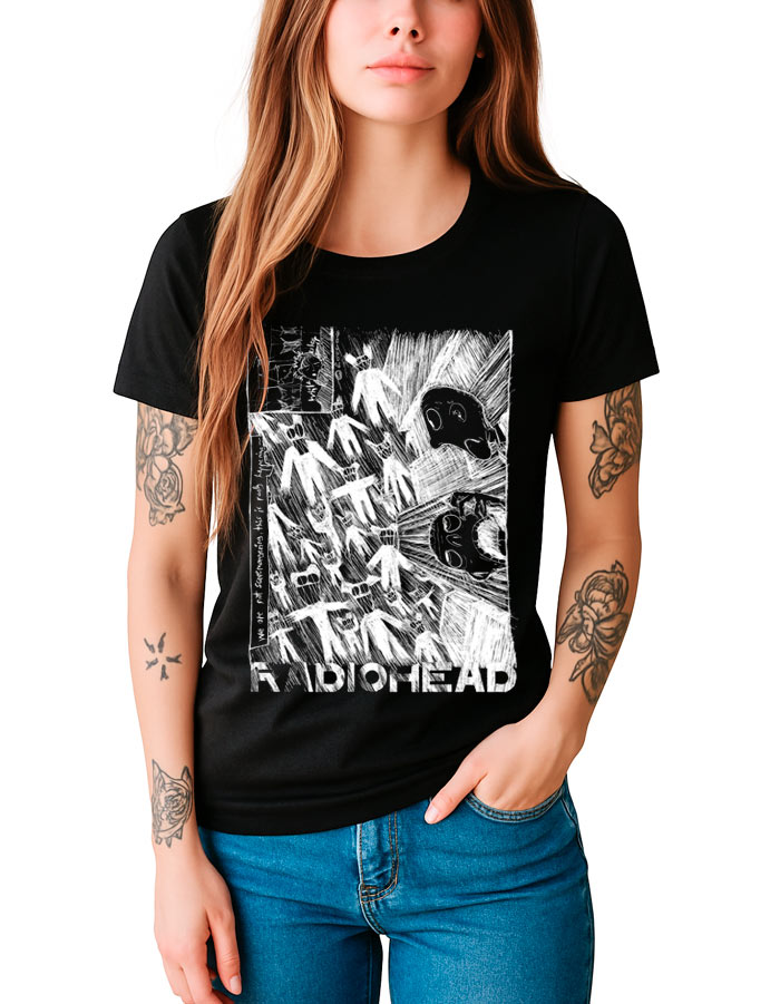 tshirt-muzyczny-damski-czarny-radiohead-scribble Czarna koszulka damska RADIOHEAD "Scribble" z nadrukiem, stylowa, idealna do codziennych stylizacji.