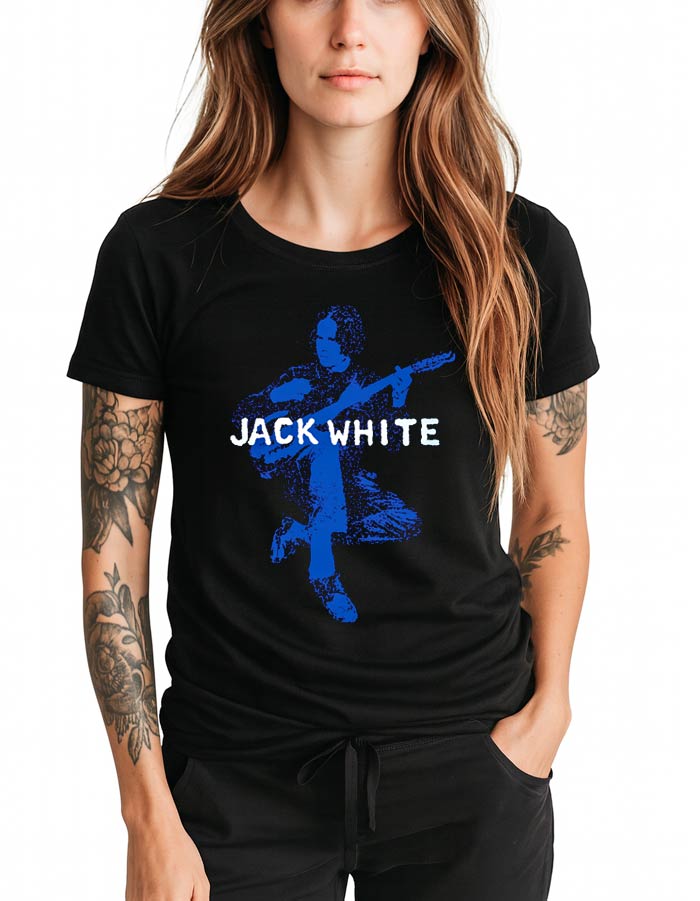 Koszulka damska JACK WHITE "Photo" w kolorze czarnym z nadrukiem niebieskiego gitarzysty i napisem JACK WHITE z przodu.