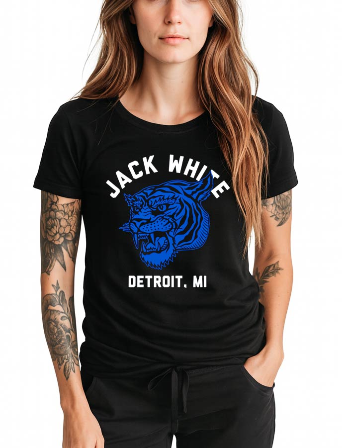 tshirt-muzyczny-damski-jack-white-tiger-detroit Czarna koszulka damska JACK WHITE "Tiger Detroit" z napisem DETROIT, MI i niebieskim tygrysem na przodzie.