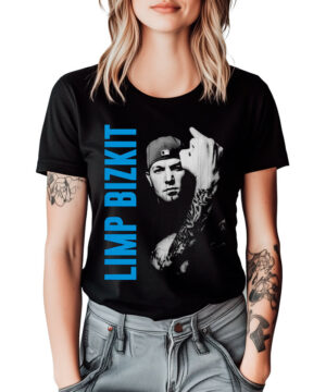 Czarna koszulka damska LIMP BIZKIT "Fred" z niebieskim napisem i zdjęciem mężczyzny wykonującego gest ręką.