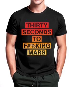 Męska czarna koszulka THIRTY SECONDS TO MARS z ombre napisem w kolorach czerwonym, pomarańczowym i żółtym na froncie.