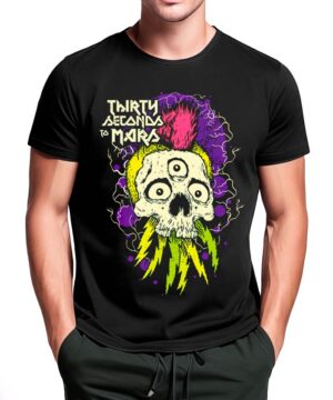 Czarna koszulka męska Thirty Seconds to Mars Mohawk Skull z kolorową czaszką, piorunami i napisem zespołu na przodzie.