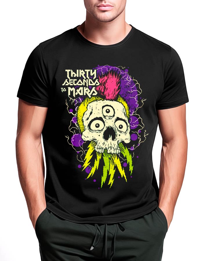 tshirt-muzyczny-meski-30-seconds-to-mars-mohawk-skull Czarna koszulka męska Thirty Seconds to Mars Mohawk Skull z kolorową czaszką, piorunami i napisem zespołu na przodzie.